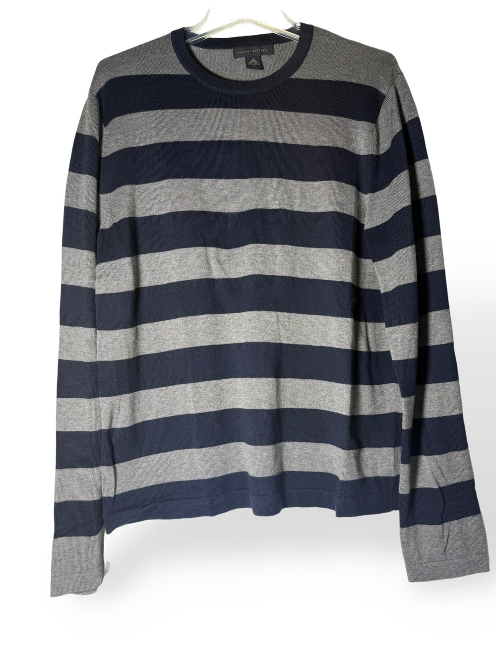 Banana Republic Navy and Gray Striped Long-Sleeve Crewneck